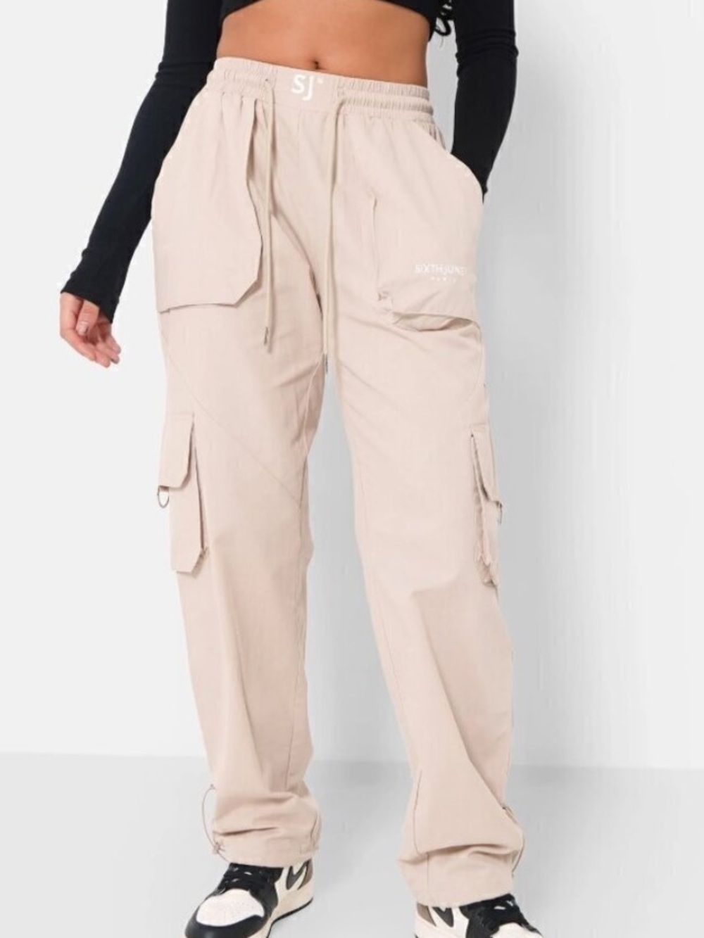 Sixth June Paris Women L Beige Casual Y2K High Rise Baggy Wide Leg Cargo Pants